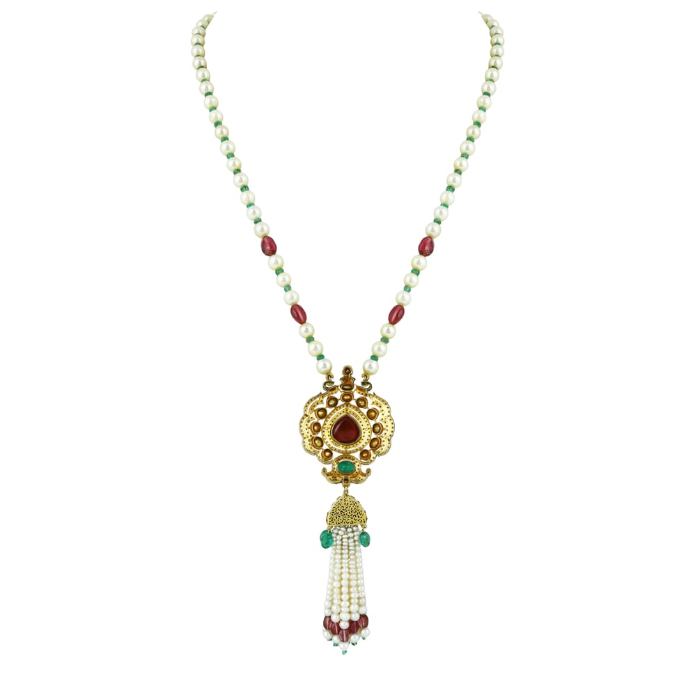 Polki Pendant with Pearl Tassels & Pear Tourmaline