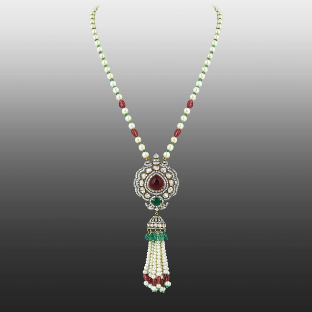 Polki Pendant with Pearl Tassels & Pear Tourmaline