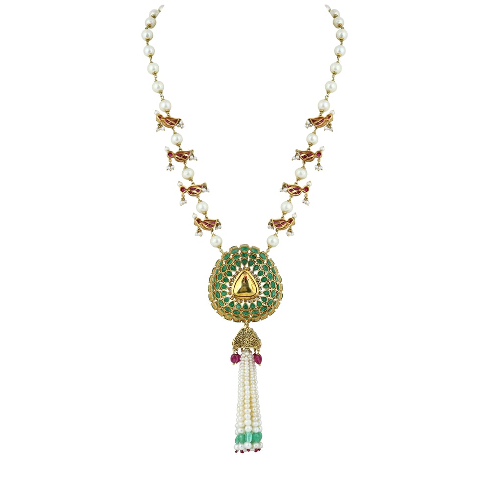 Emerald Polki Pendant with Ruby Motifs & Pearl-Emerald Tassels