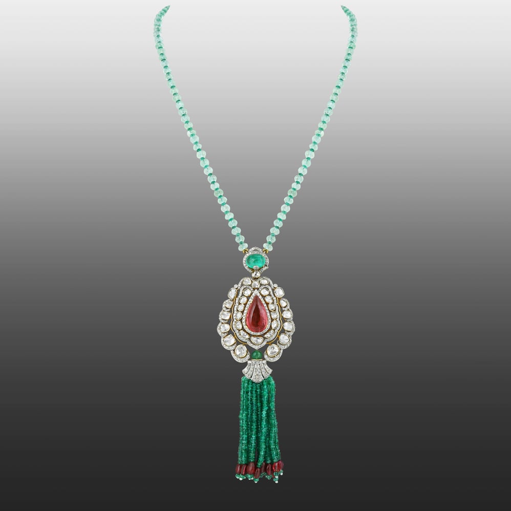 Pear Tourmaline Polki Pendant with Emerald Bead Tassels