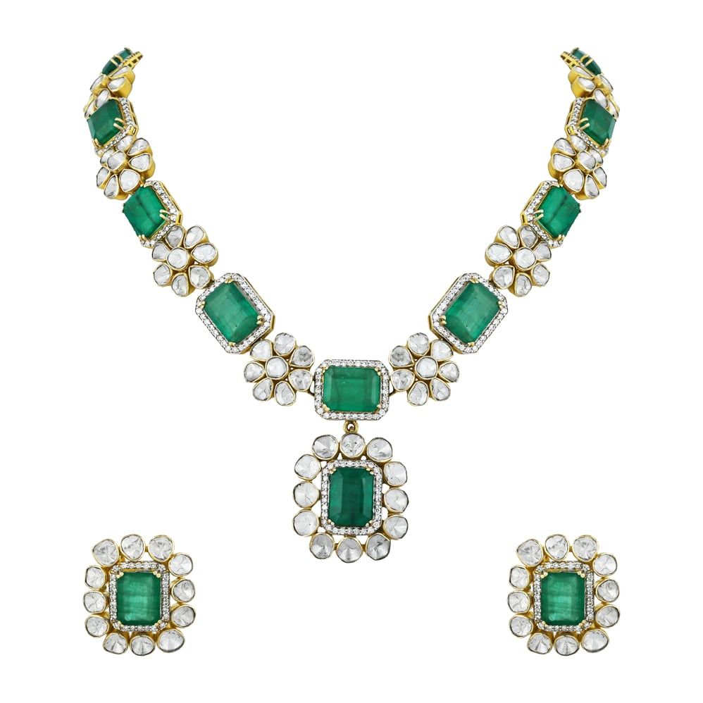Emerald & Polki Necklace Set with Floral Motifs