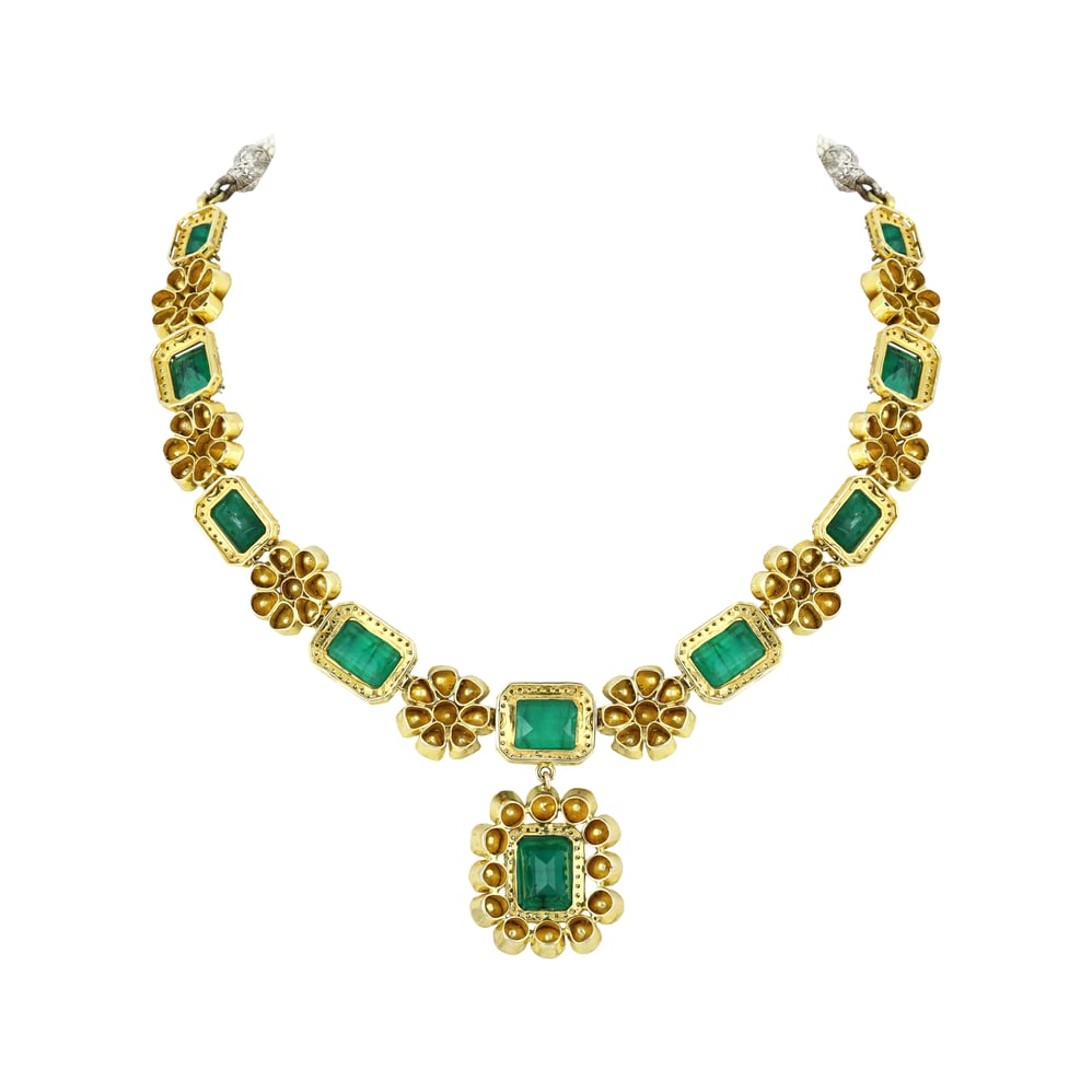 Emerald & Polki Necklace Set with Floral Motifs