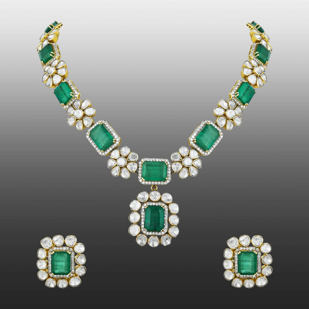 Emerald & Polki Necklace Set with Floral Motifs