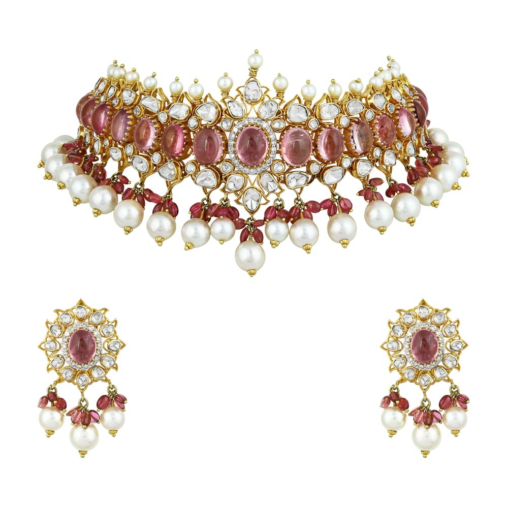 Tourmaline Polki Choker Set with Pearl Drop Accents