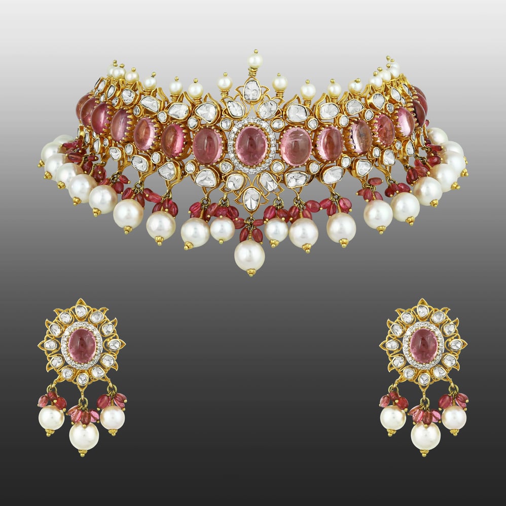 Tourmaline Polki Choker Set with Pearl Drop Accents