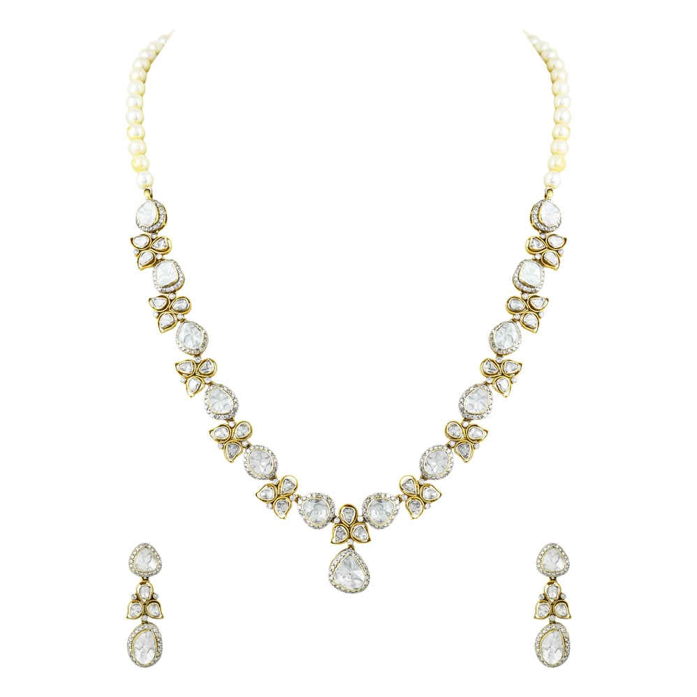 Floral Polki Necklace Set with Pearls and Matching Earrings