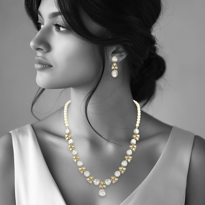 Floral Polki Necklace Set with Pearls and Matching Earrings