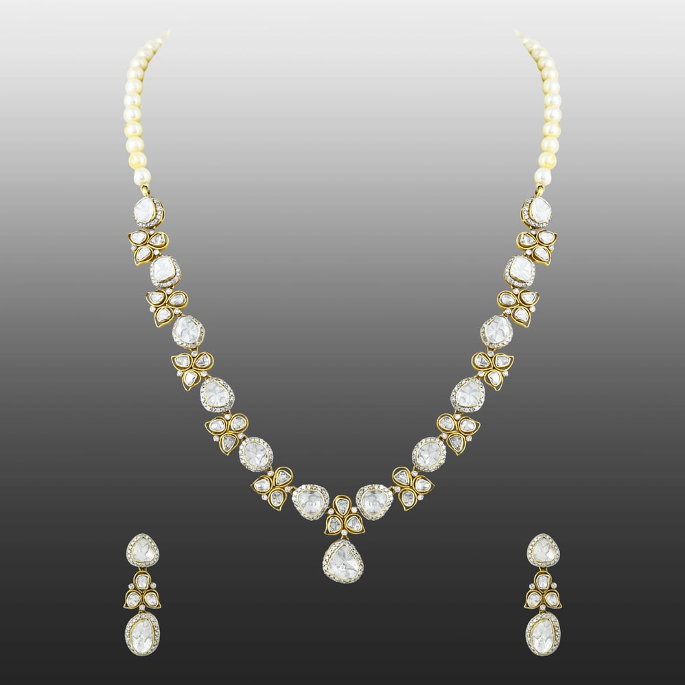 Floral Polki Necklace Set with Pearls and Matching Earrings