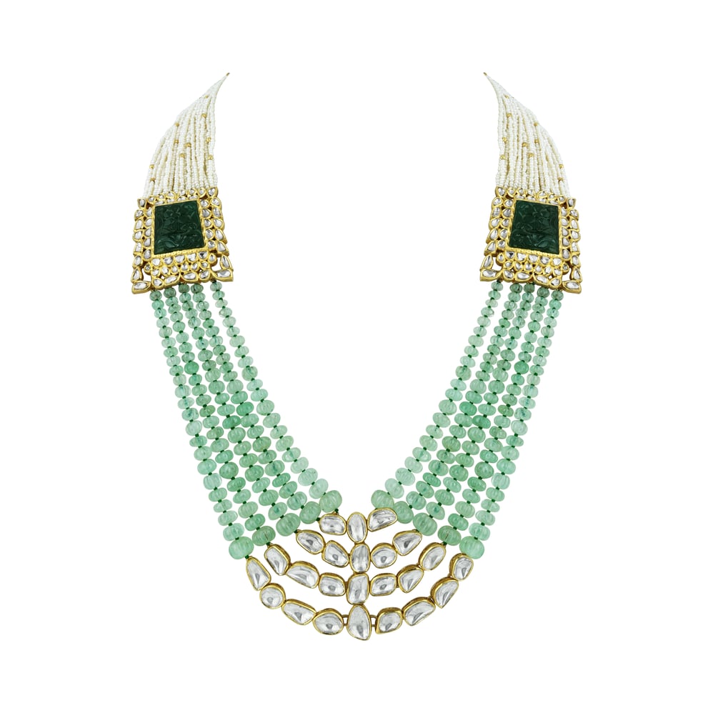 Polki Necklace with Carved Gemstone & Cascading Green Beads