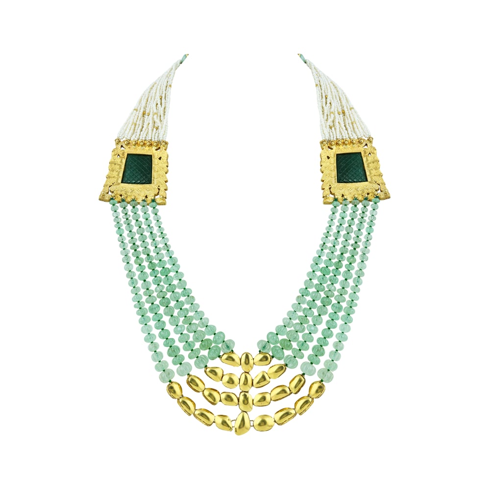 Polki Necklace with Carved Gemstone & Cascading Green Beads