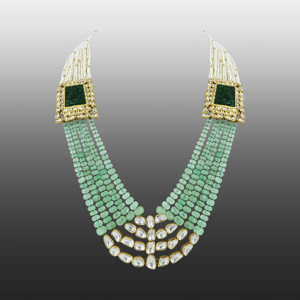 Polki Necklace with Carved Gemstone & Cascading Green Beads