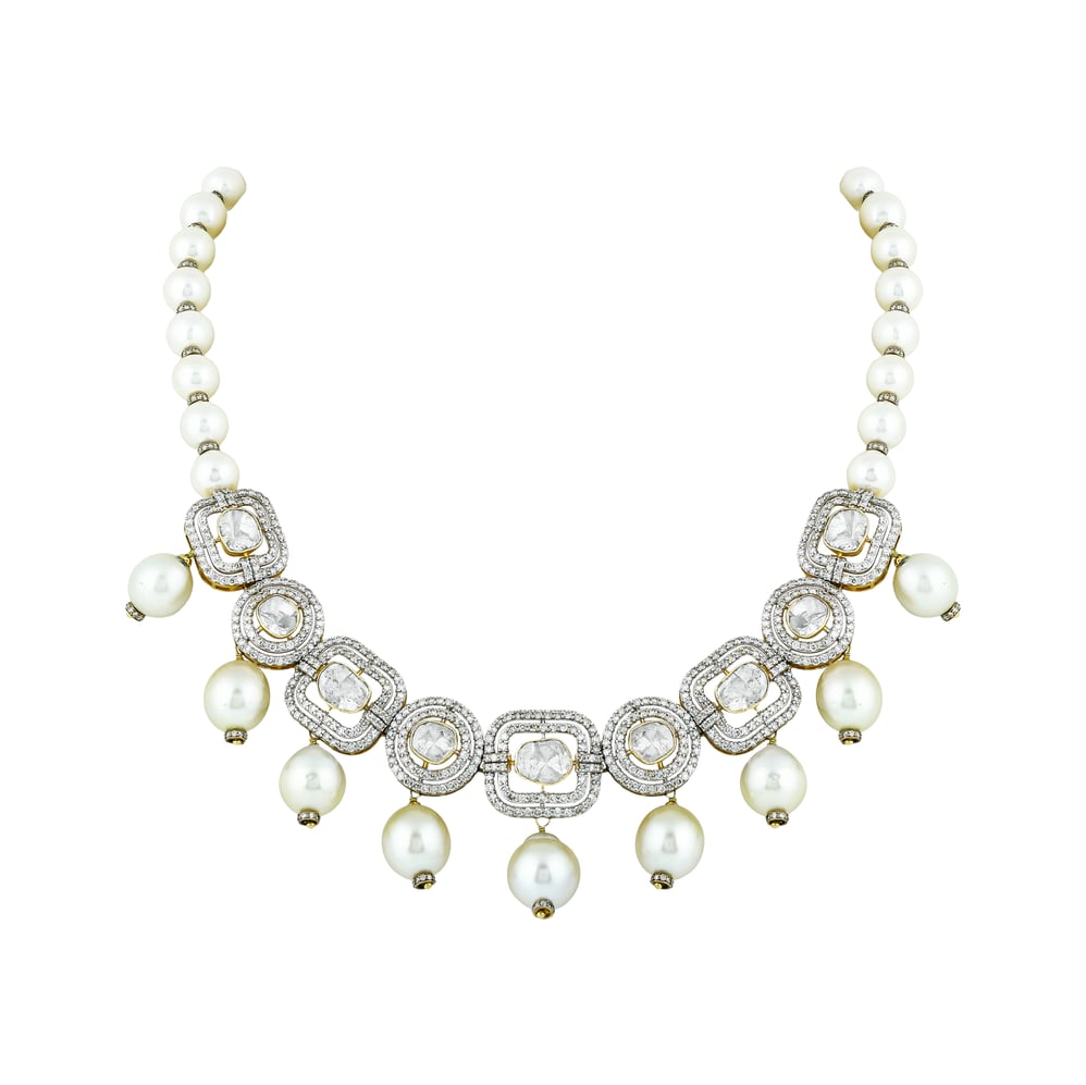 Square Polki Necklace with Diamond Frames & Southsea Pearls