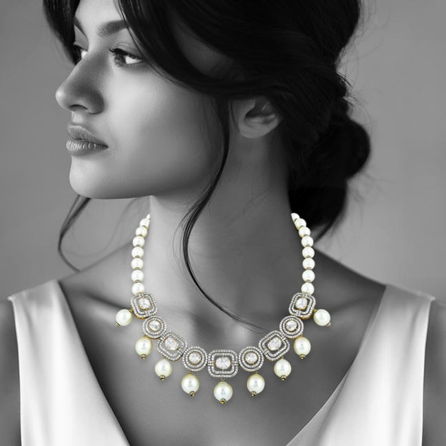 Square Polki Necklace with Diamond Frames & Southsea Pearls