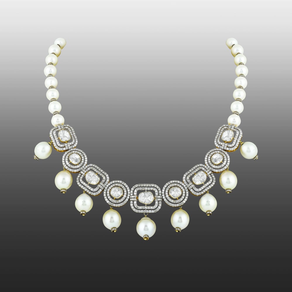 Square Polki Necklace with Diamond Frames & Southsea Pearls