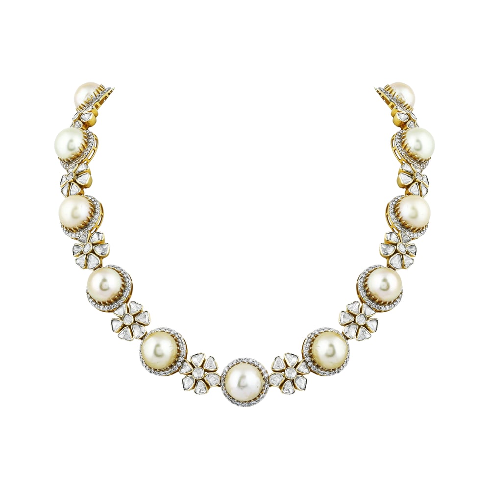 Pearl Necklace with Polki Floral Motifs & Diamond Halos