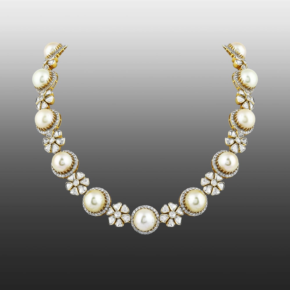 Pearl Necklace with Polki Floral Motifs & Diamond Halos