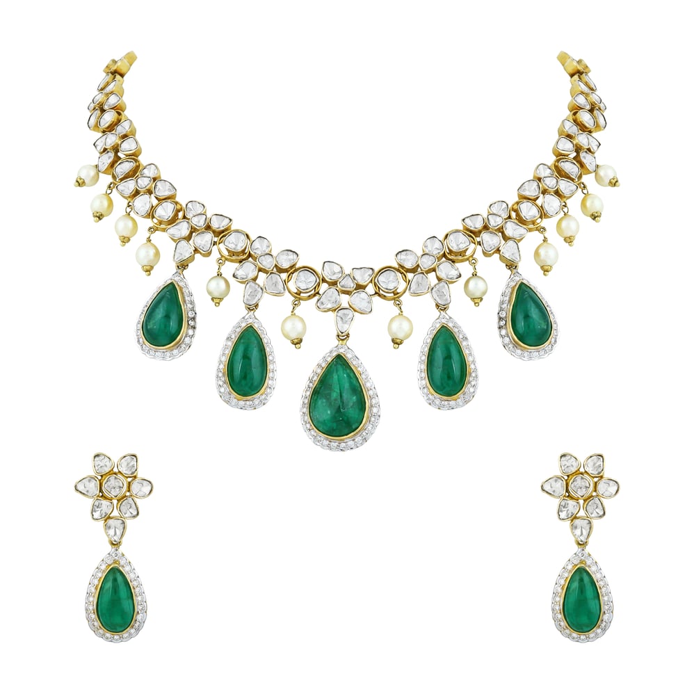 Polki Necklace Set with Emerald Drops & Diamond Halos