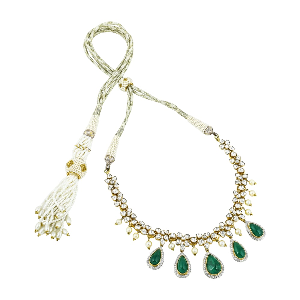 Polki Necklace Set with Emerald Drops & Diamond Halos