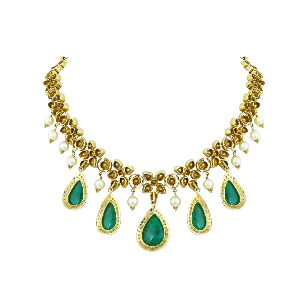 Polki Necklace Set with Emerald Drops & Diamond Halos