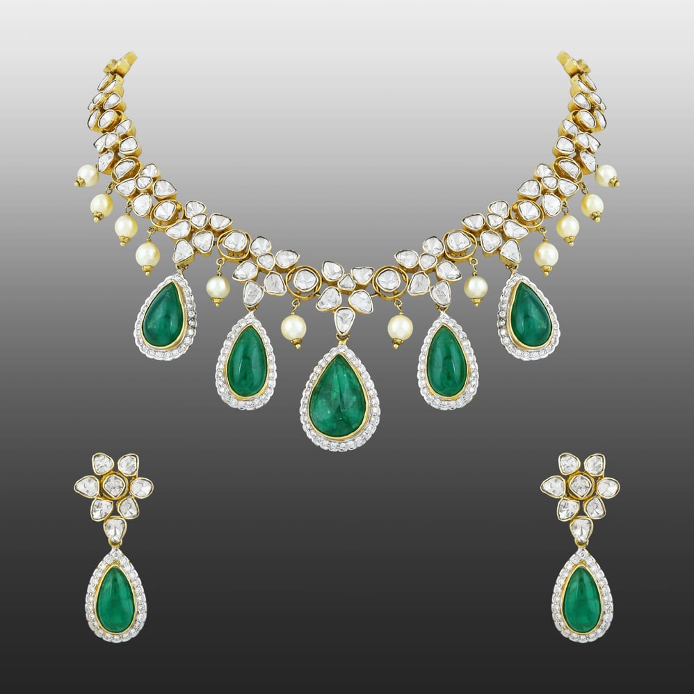 Polki Necklace Set with Emerald Drops & Diamond Halos