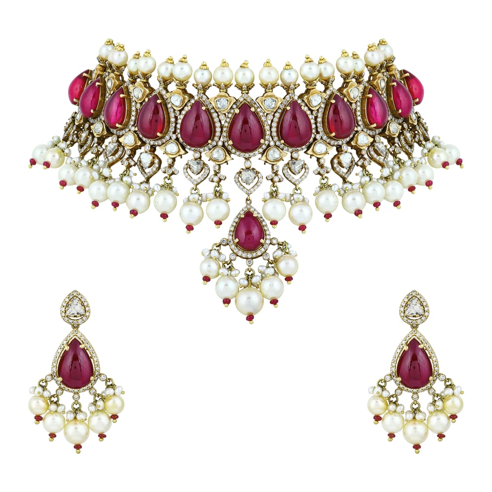 Ruby Colourstone Teardrop Choker Set with Polki Diamonds & Pearls