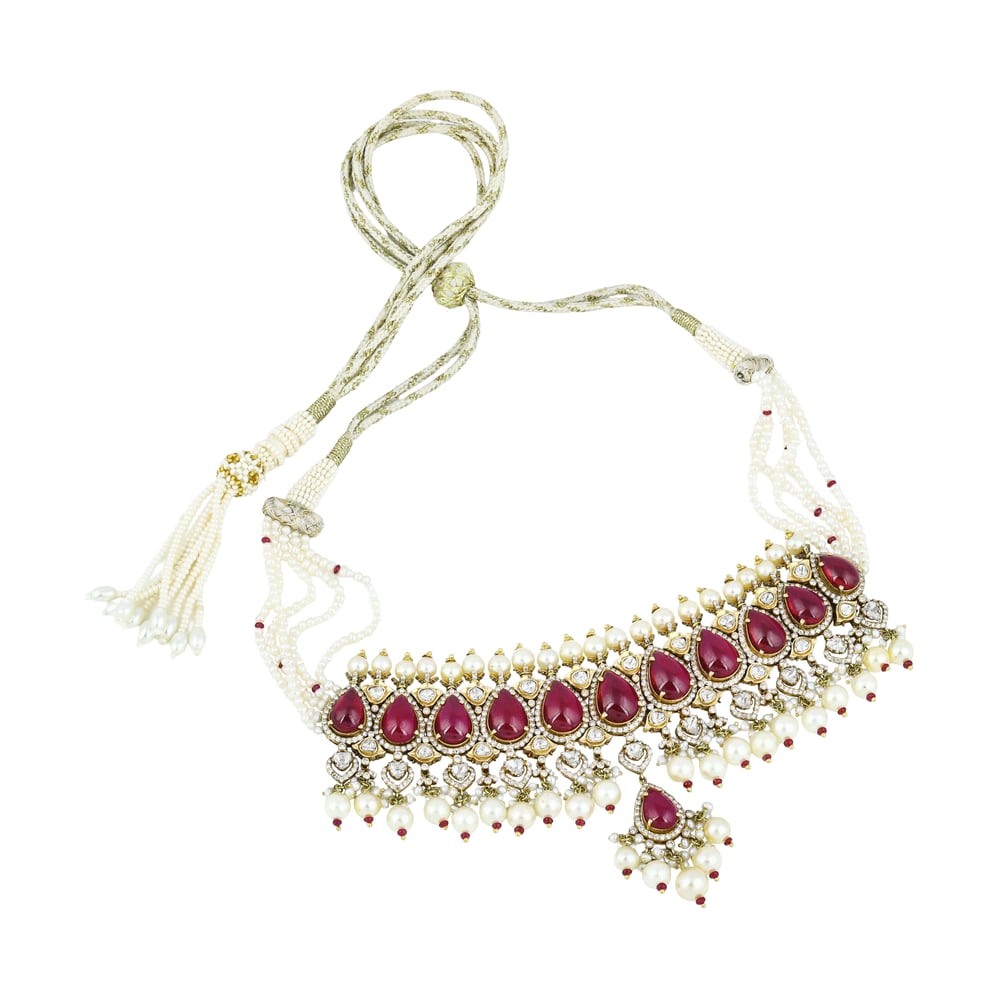 Ruby Colourstone Teardrop Choker Set with Polki Diamonds & Pearls