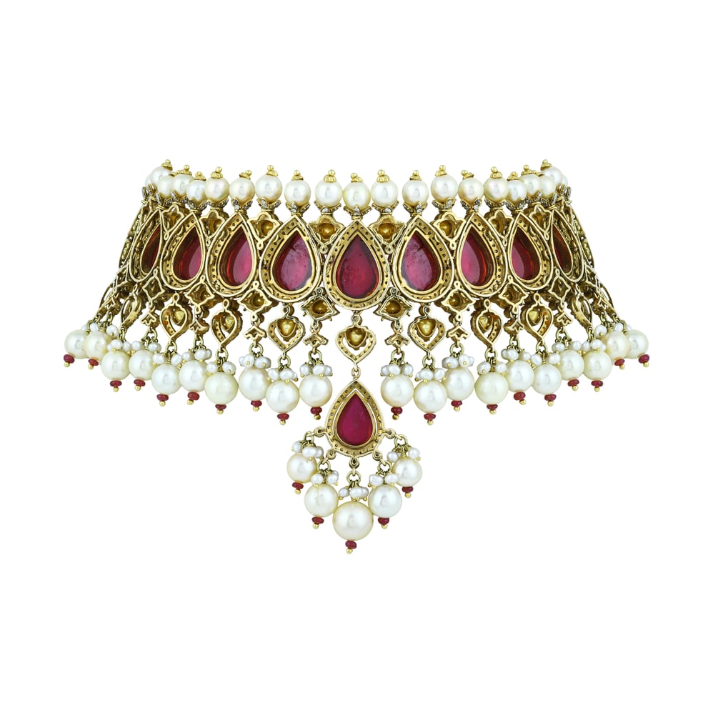Ruby Colourstone Teardrop Choker Set with Polki Diamonds & Pearls