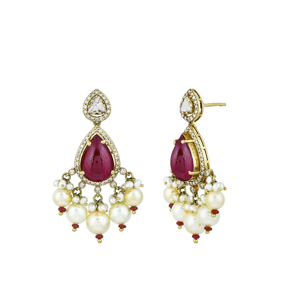 Ruby Colourstone Teardrop Choker Set with Polki Diamonds & Pearls