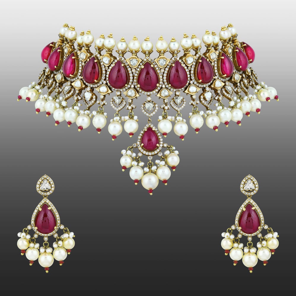 Ruby Colourstone Teardrop Choker Set with Polki Diamonds & Pearls