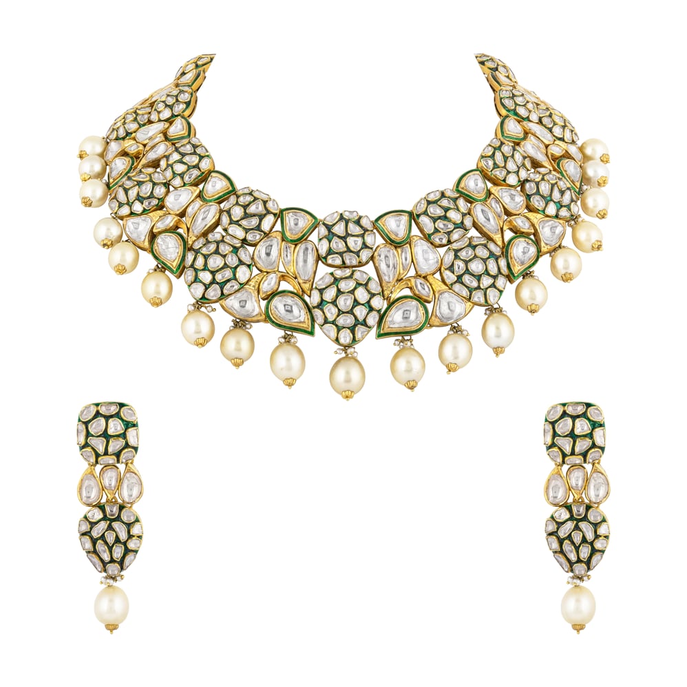 Polki Necklace Set with Pearl Drops & Green Enamel Cluster Polki