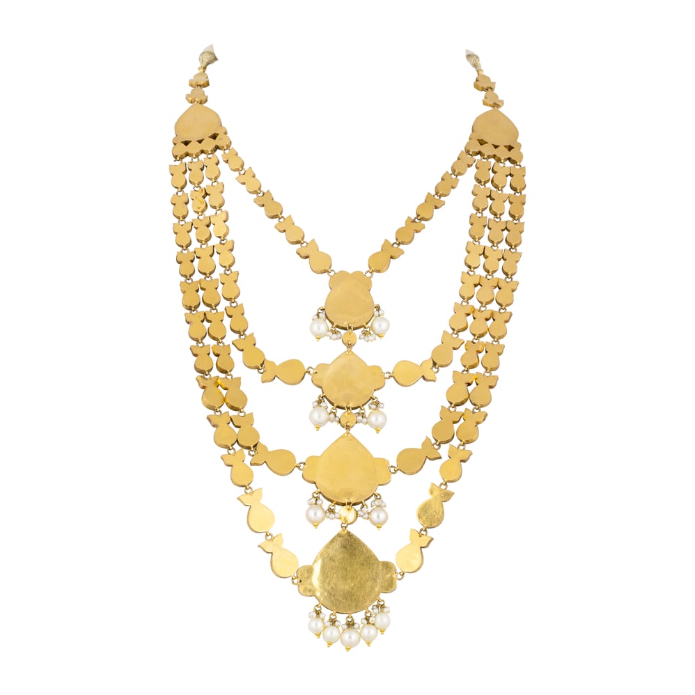 Quad Layer Necklace with Red Stones, Uncut Diamonds & Pearl Drops