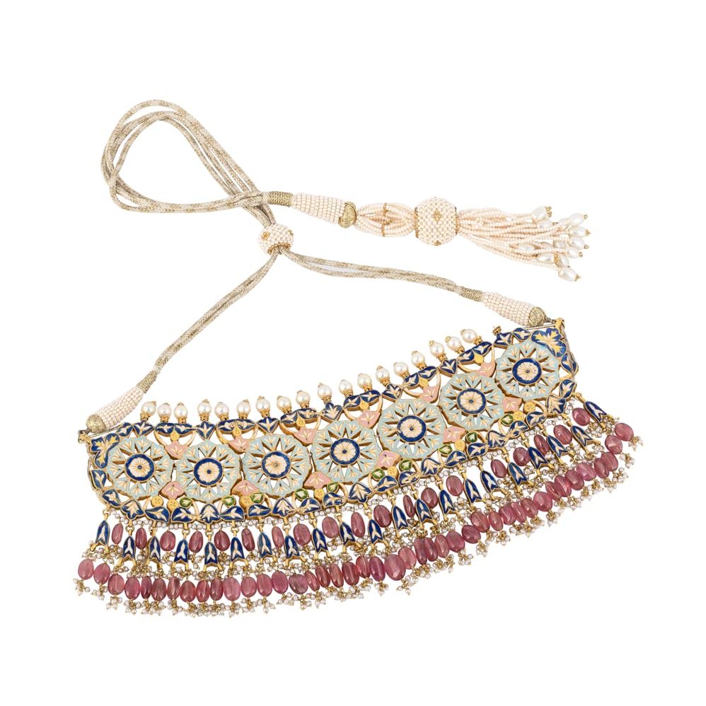 Polki Diamond Choker & Earrings with Pink Tourmaline Drops