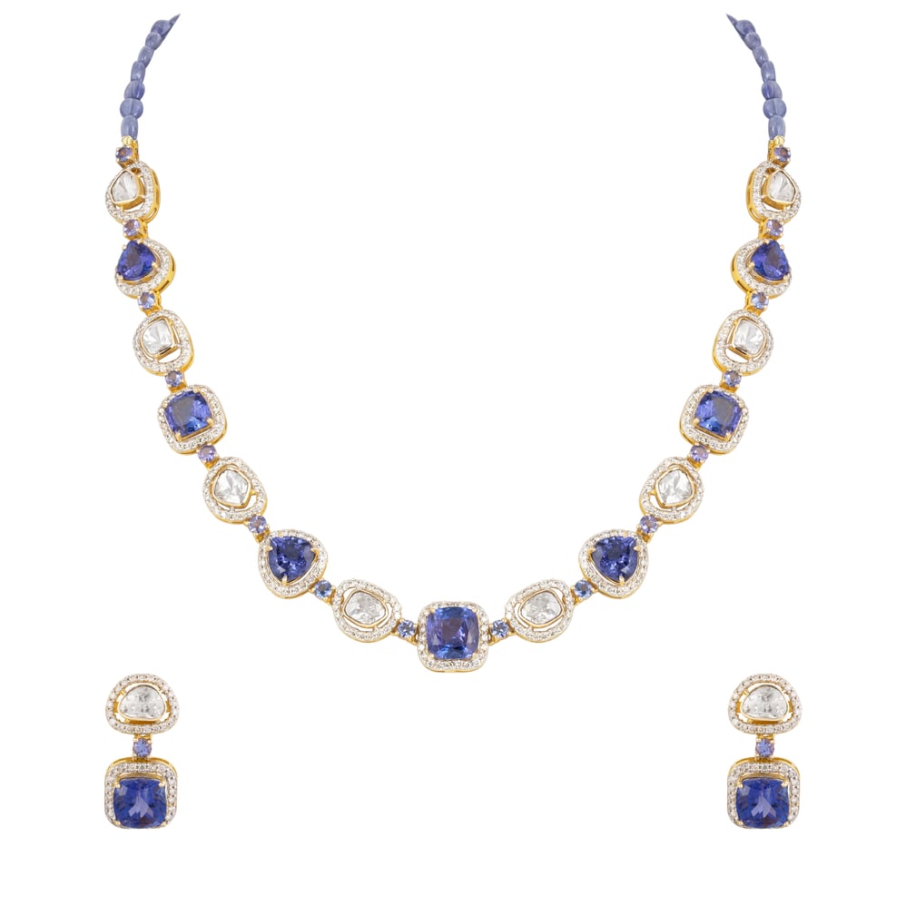 Tanzanite & Polki Diamond Necklace Set with Pave Detailing