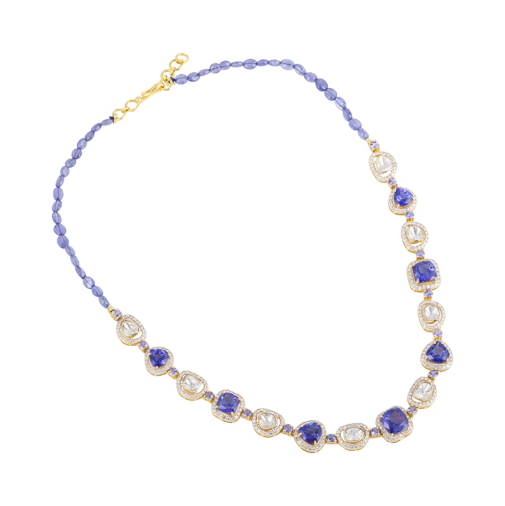 Tanzanite & Polki Diamond Necklace Set with Pave Detailing