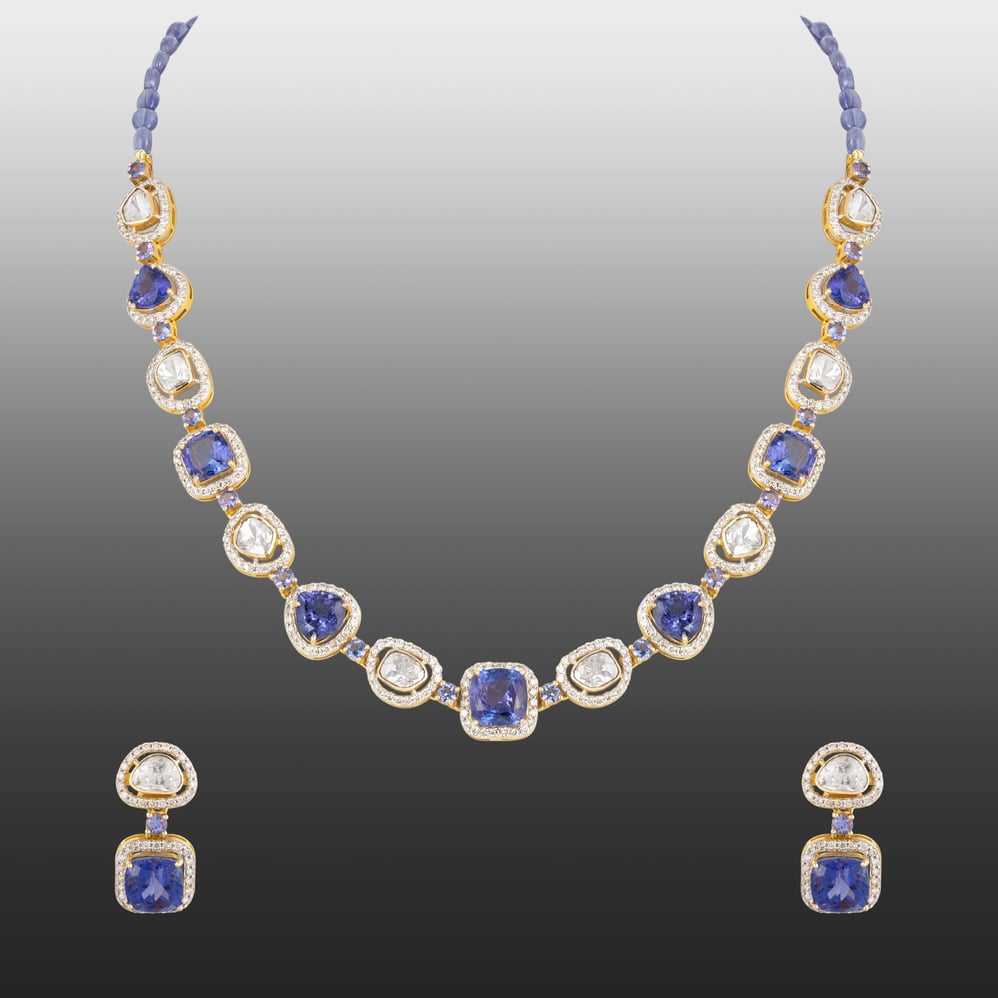 Tanzanite & Polki Diamond Necklace Set with Pave Detailing