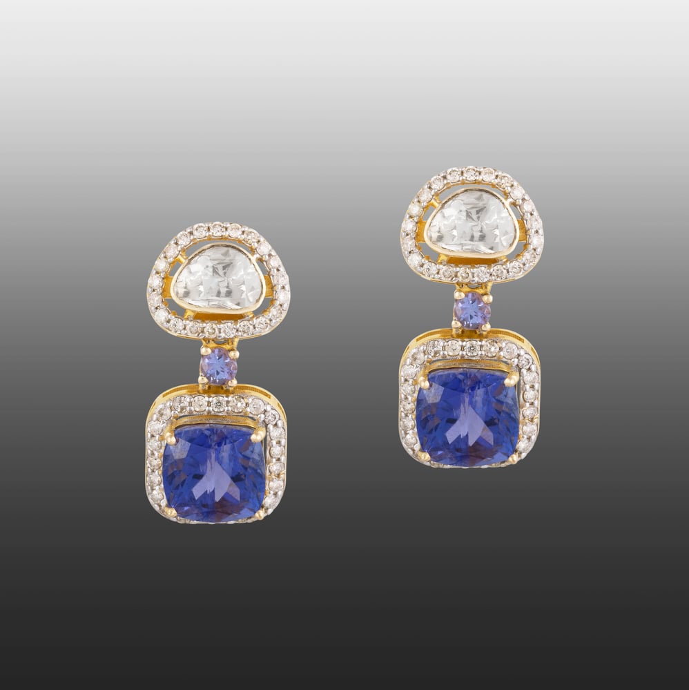 Tanzanite & Polki Diamond Necklace Set with Pave Detailing