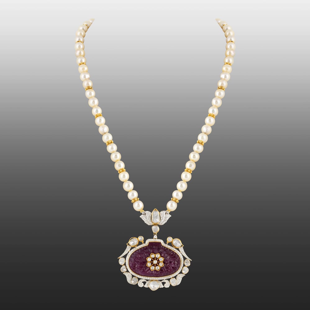 Carved Red Centerpiece Polki Pendant with Diamond Lotus & Pearls