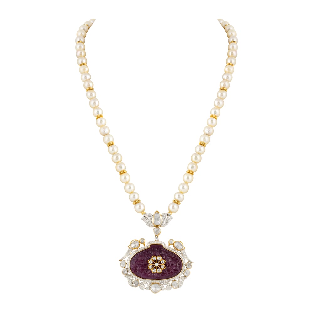 Carved Red Centerpiece Polki Pendant with Diamond Lotus & Pearls