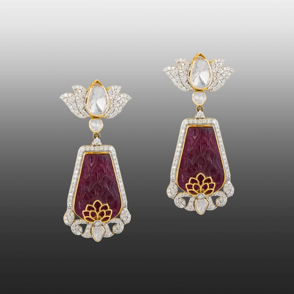 Carved Red Centerpiece Polki Earrings with Diamond Lotus Motif