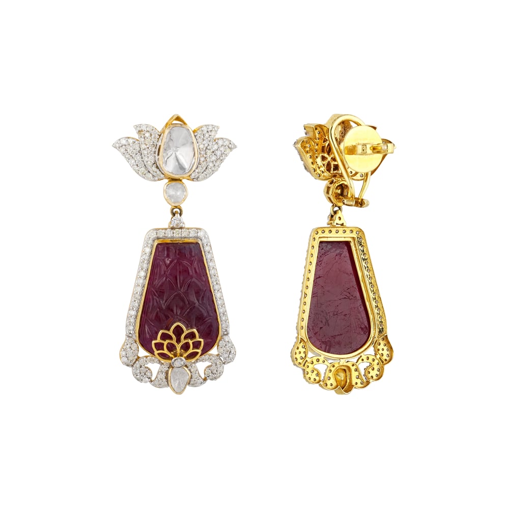Carved Red Centerpiece Polki Earrings with Diamond Lotus Motif