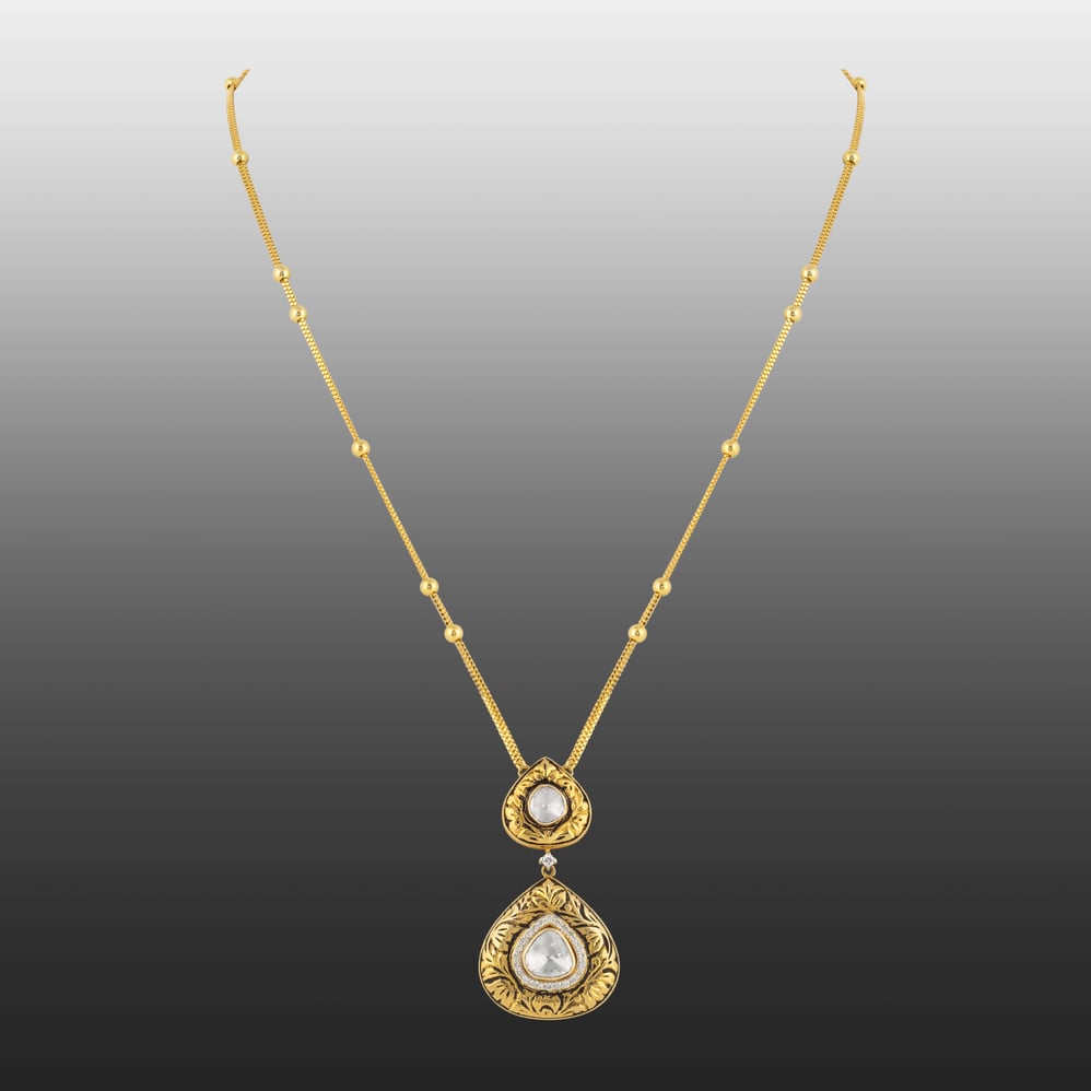 Double-Tiered Uncut Diamond Polki Pendant with Partash Work