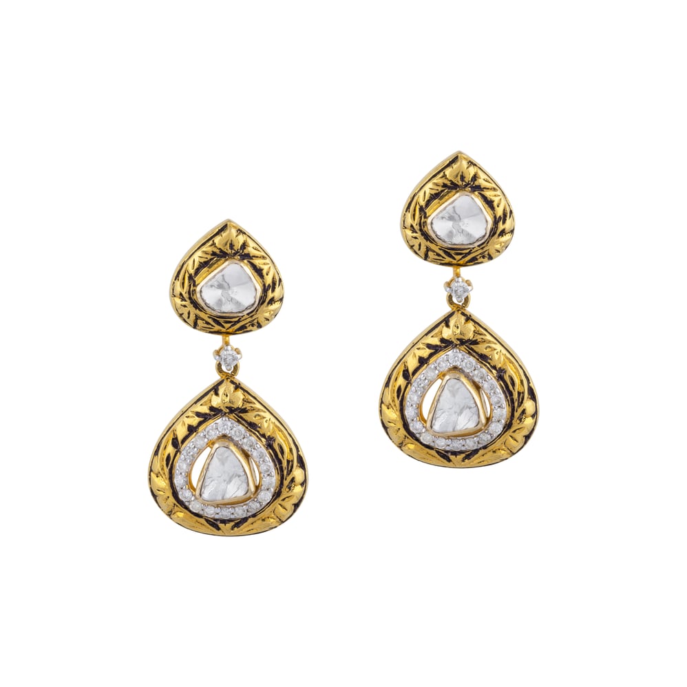 Teardrop Uncut Diamond Polki Earrings with Partash Gold Detailing