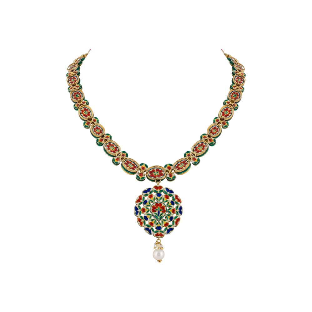Navratna Necklace with Polki , Pearl & Teardrop Pendant