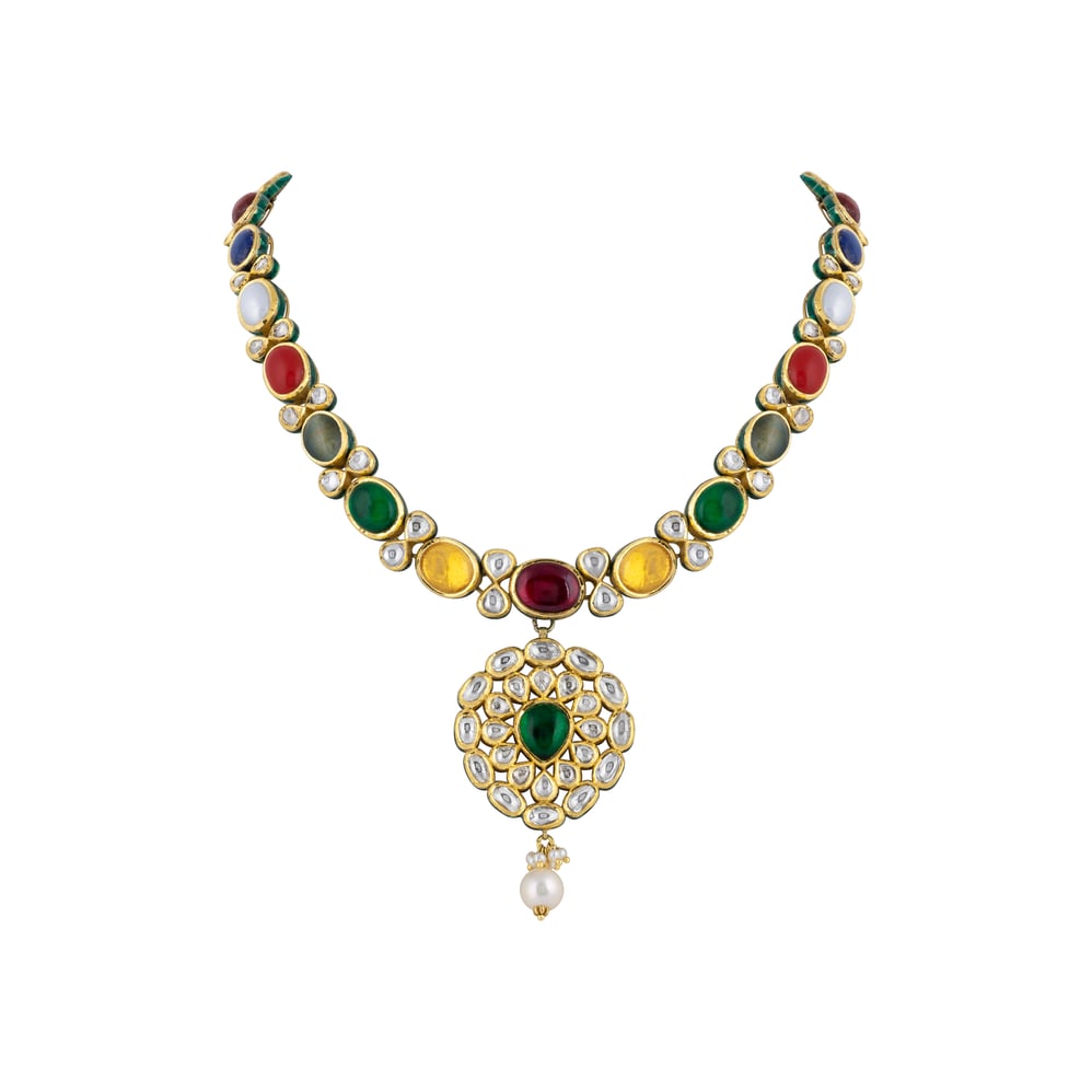 Navratna Necklace with Polki , Pearl & Teardrop Pendant