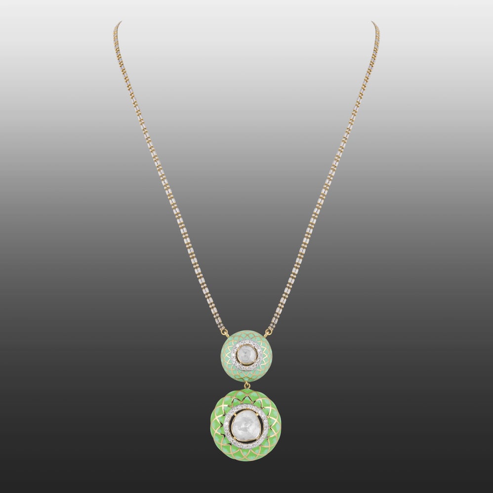Two-tiered Polki Pendant with Pastel Green Enamel