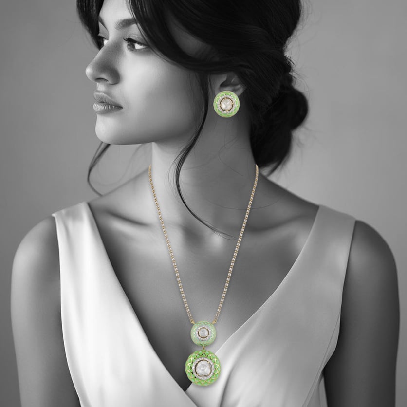 Two-tiered Polki Pendant with Pastel Green Enamel