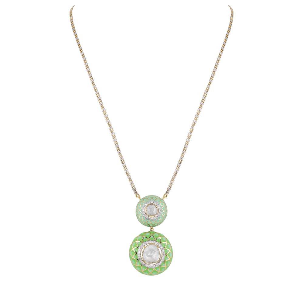 Two-tiered Polki Pendant with Pastel Green Enamel