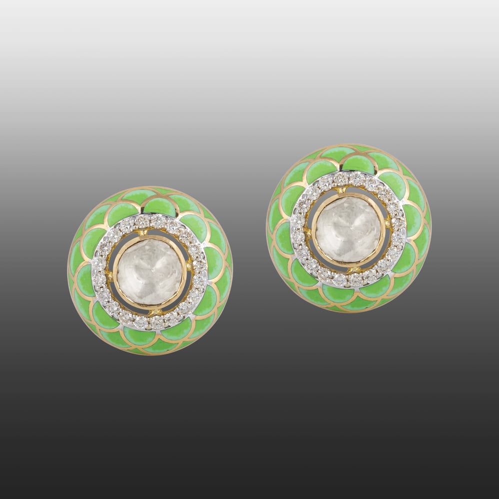 Pastel Green Enamel Stud Earrings with Polki and Diamonds