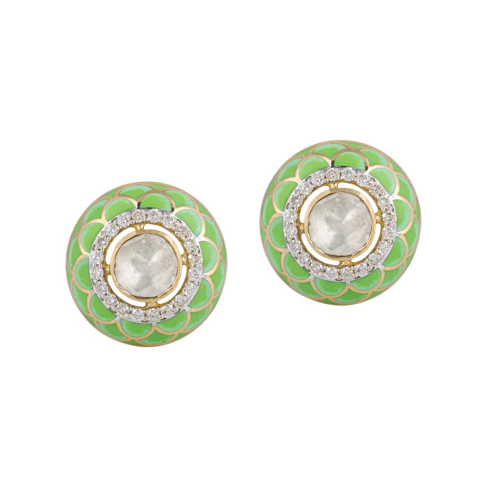 Pastel Green Enamel Stud Earrings with Polki and Diamonds