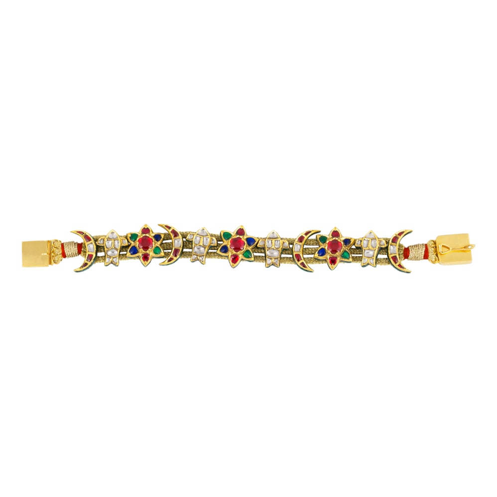 Floral & Crescent Motif Bracelet with Coloured Gemstones and Polki
